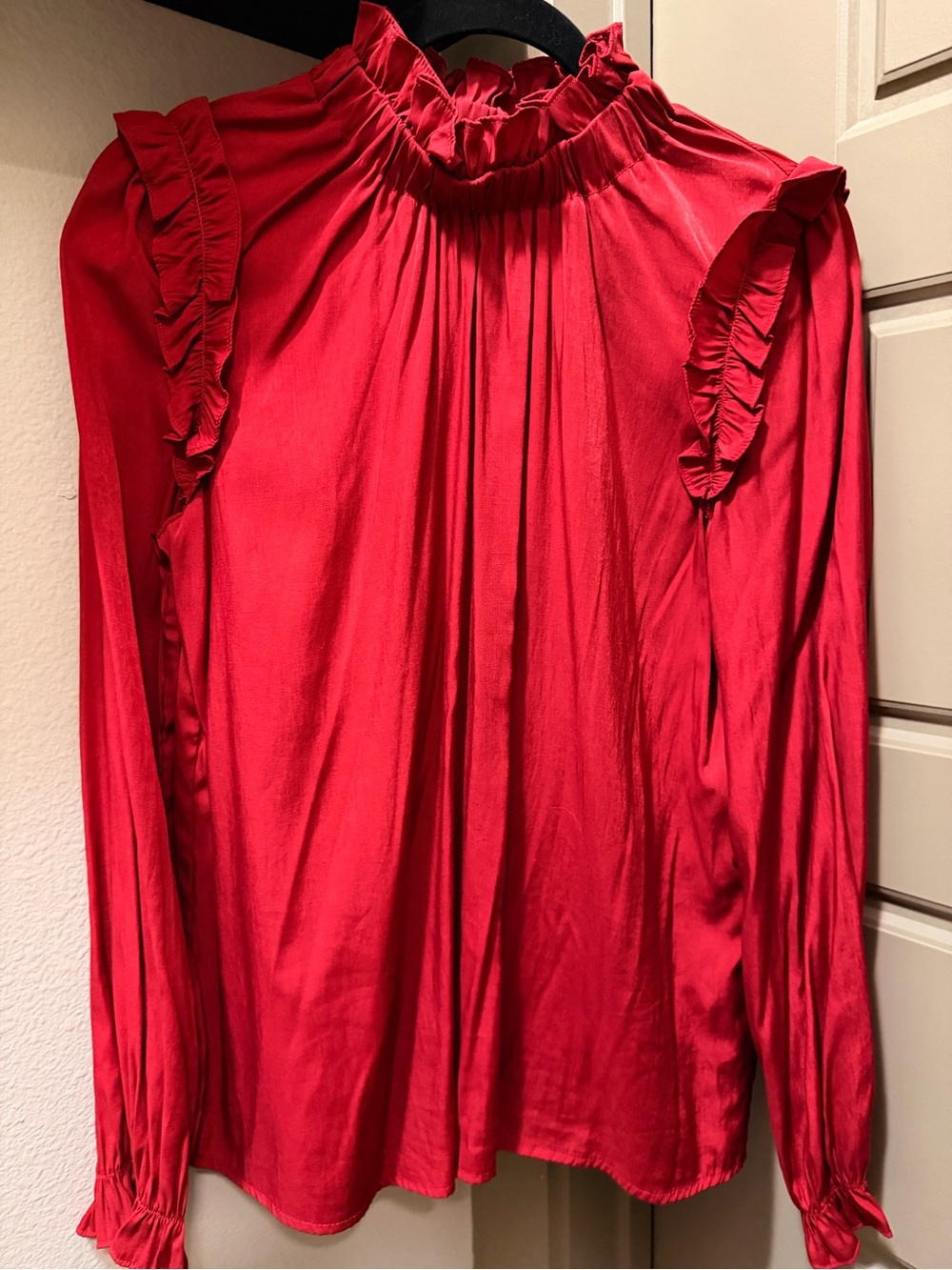 Red Ruffle-Trim High-Neck Women's Blouse